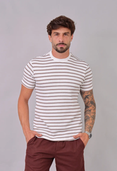 Camiseta Listrada Tricot Touch Marrom CW STORE