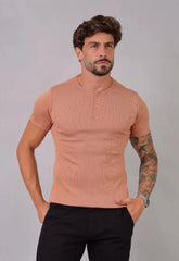 Camiseta Henley Canelada Bege CW STORE