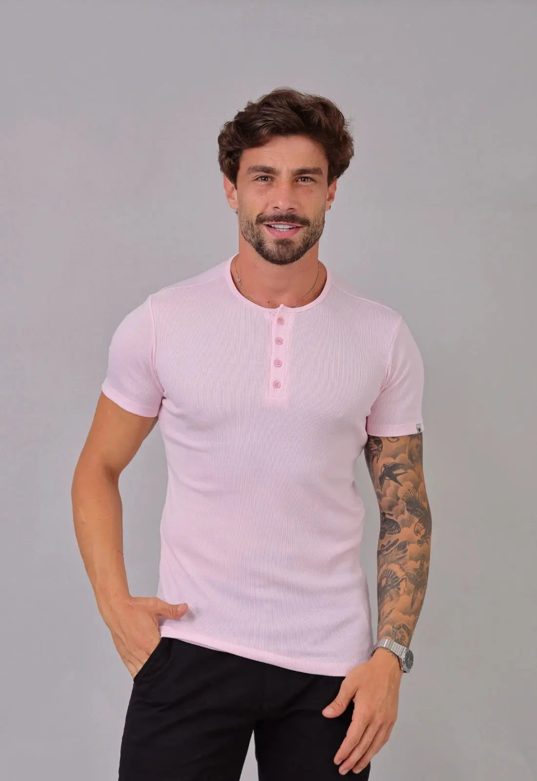 Camiseta Henley Canelada Rosa Claro CW STORE