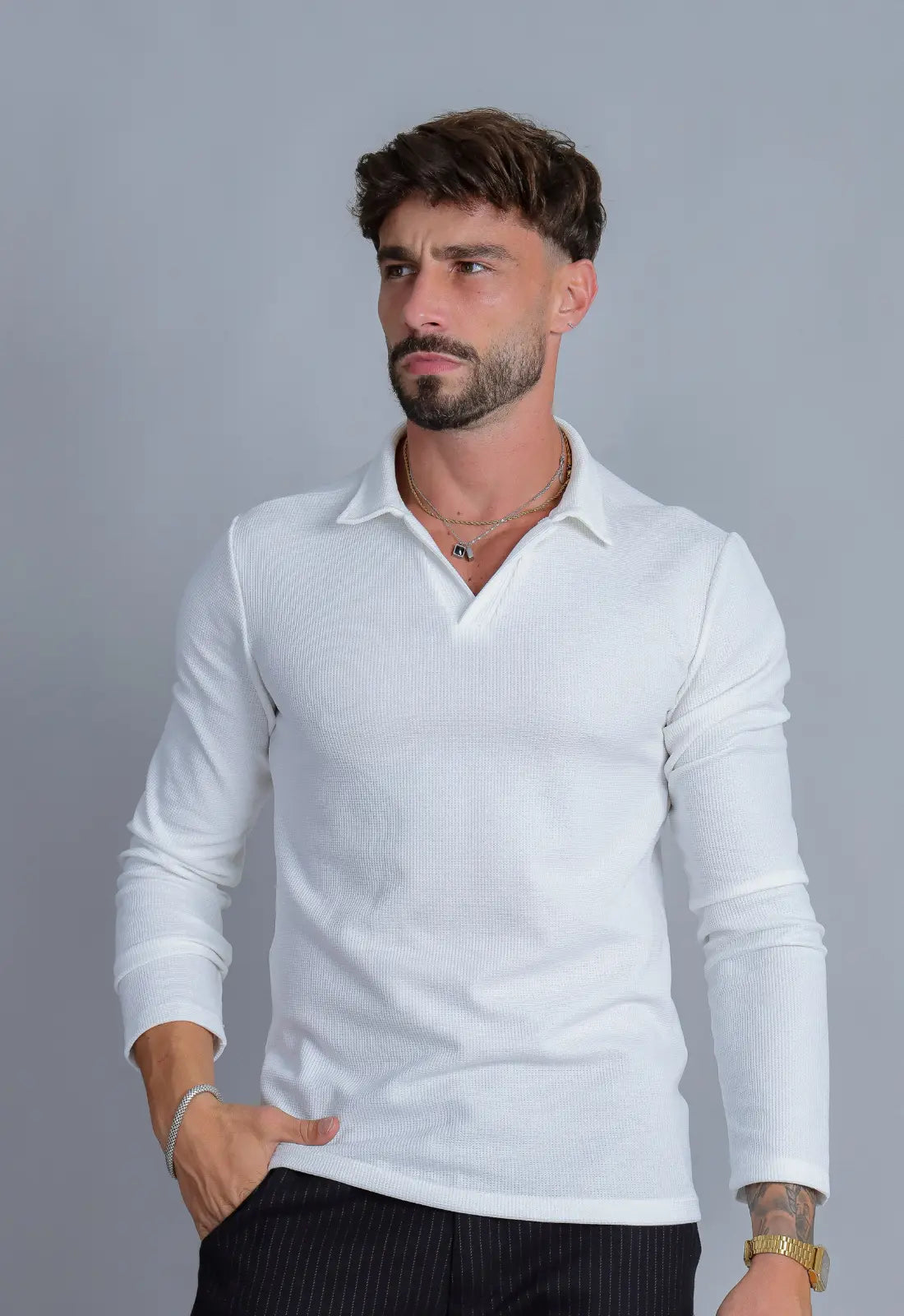 Camisa Polo Italiana Tricot Manga Longa Branca CW STORE