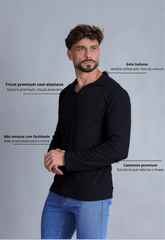 Camisa Polo Italiana Tricot Manga Longa Preta CW STORE