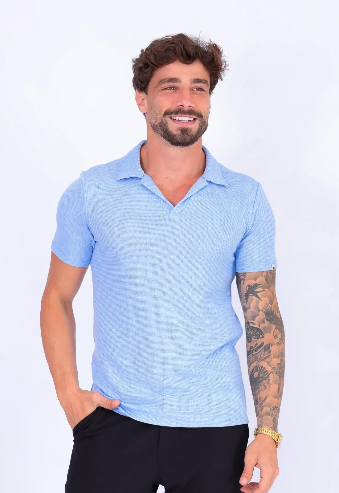 Camisa Polo Italiana Tricot Azul Claro CW STORE