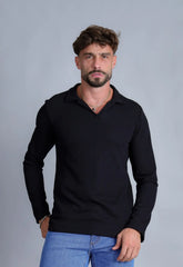 Camisa Polo Italiana Tricot Manga Longa Preta CW STORE