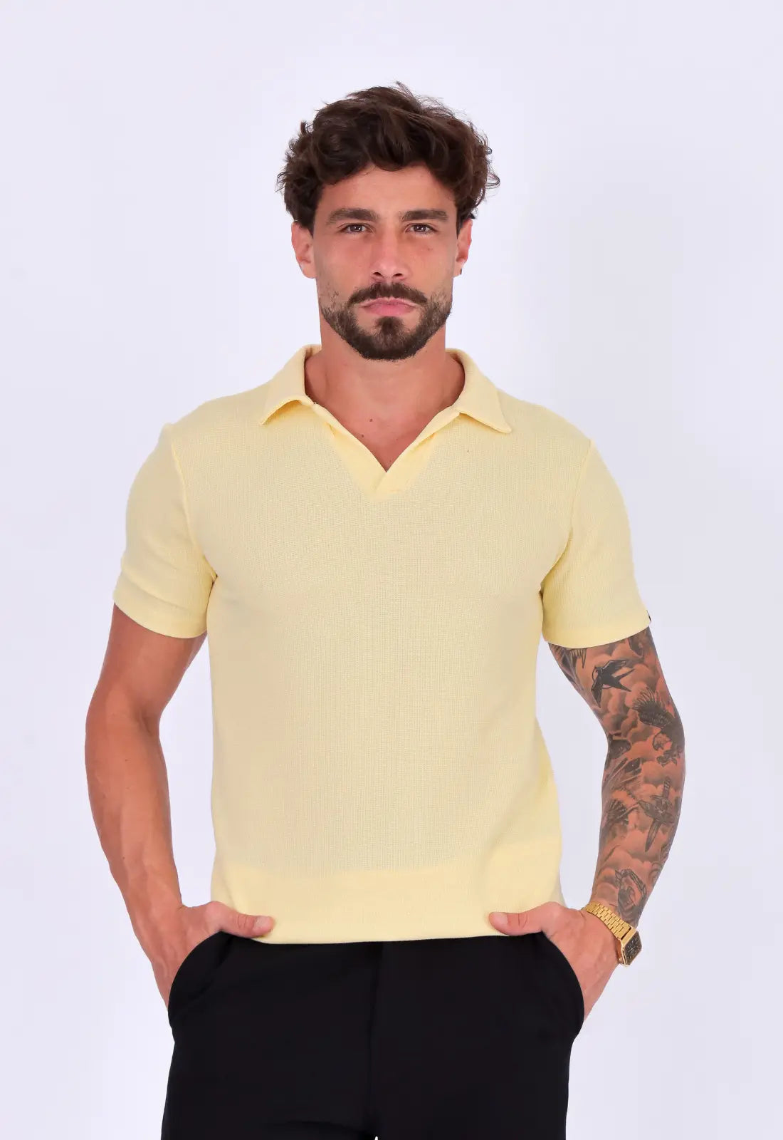 Camisa Polo Italiana Tricot Amarela CW STORE