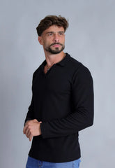 Camisa Polo Italiana Tricot Manga Longa Preta CW STORE