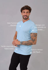 Camiseta Gola Padre Zíper Azul Claro CW STORE