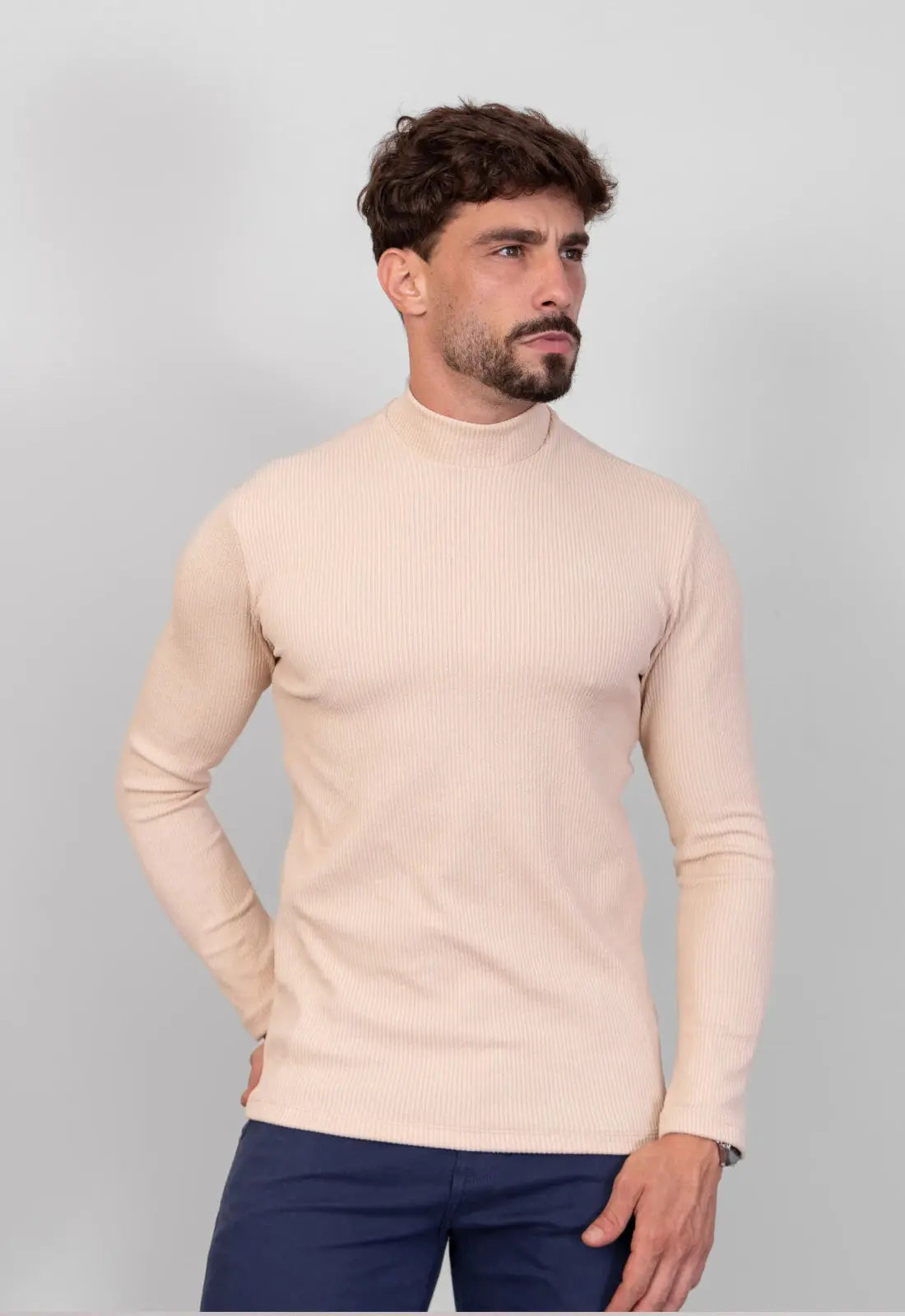 Camiseta Gola Alta Canelada Manga Longa Bege CW STORE