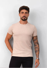 Camiseta Slim Canelada com Elastano Bege CW STORE