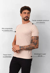 Camiseta Slim Canelada com Elastano Bege CW STORE