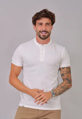 Camiseta Henley Slim Tricot com Elastano Branca CW STORE