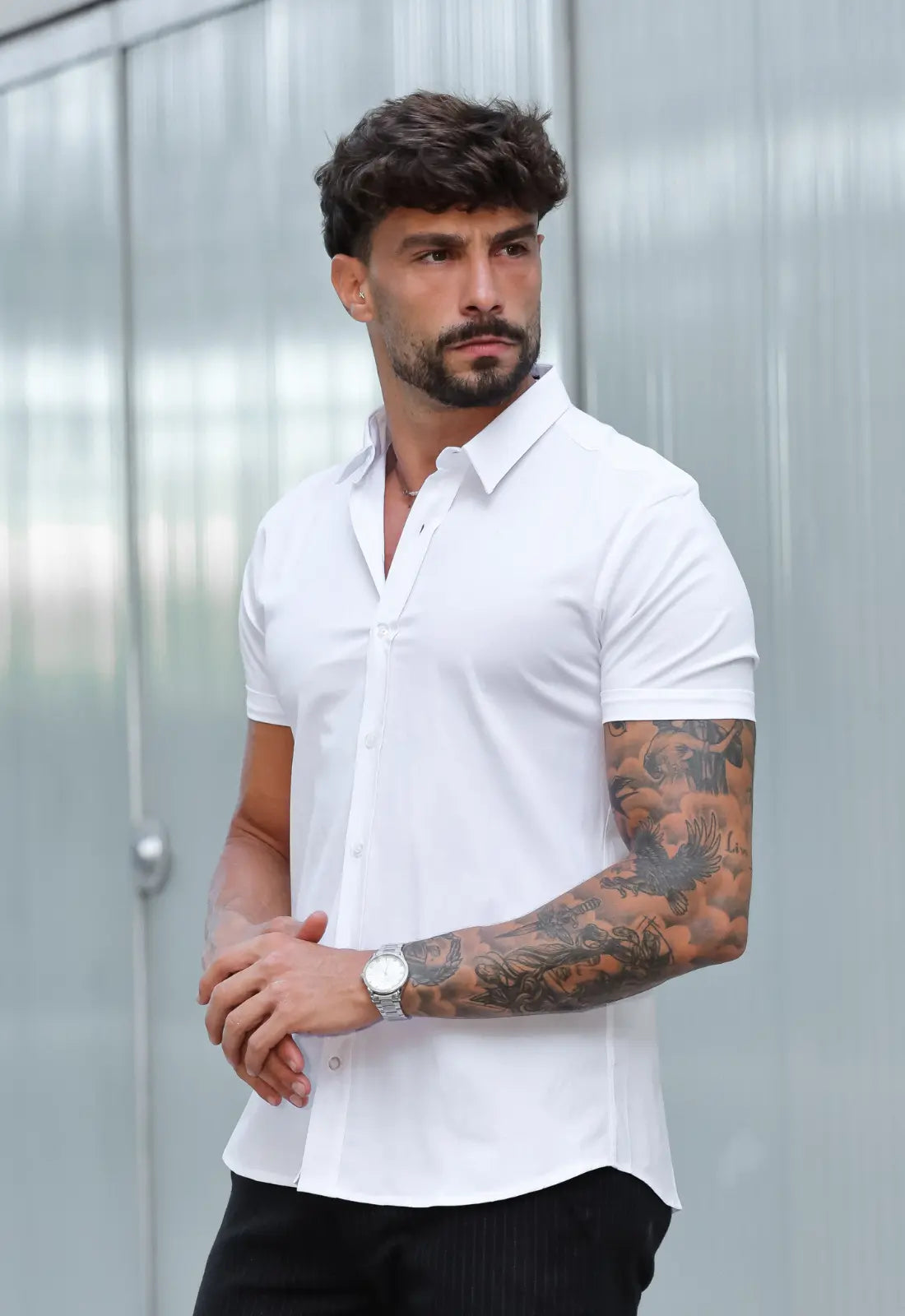 CAMISA MANGA CURTA COM ELASTANO BRANCA CW STORE