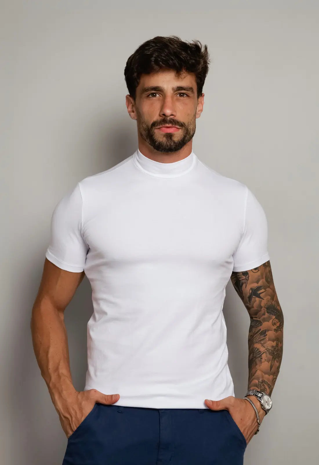 Camiseta Gola Alta Masculina Slim Branca - CW STORE