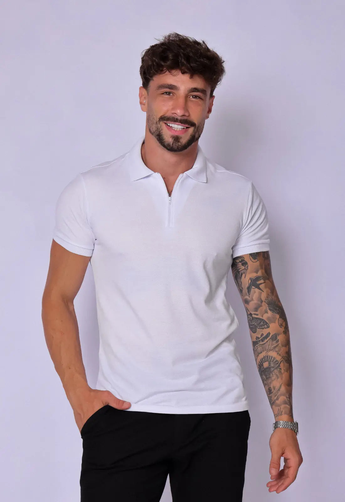 Camisa Polo Ziper Slim Branca - CW STORE