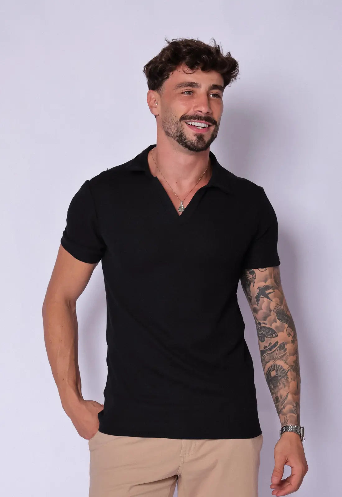 Camisa Polo Italiana Tricot Preta - CW STORE