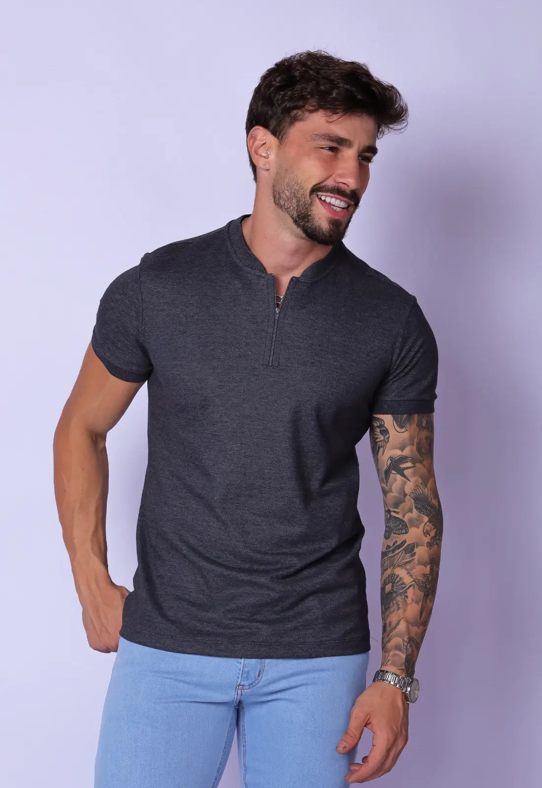 Camiseta Slim Gola Padre zíper Chumbo - CW STORE
