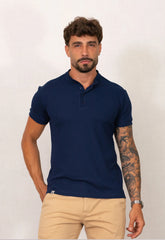 Camiseta Henley Slim Tricot com Elastano Azul Marinho CW STORE