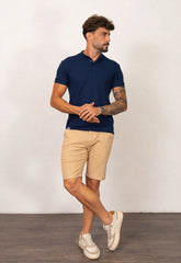 Camiseta Henley Slim Tricot com Elastano Azul Marinho CW STORE