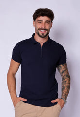 Camisa Polo Ziper Slim Azul Marinho - CW STORE