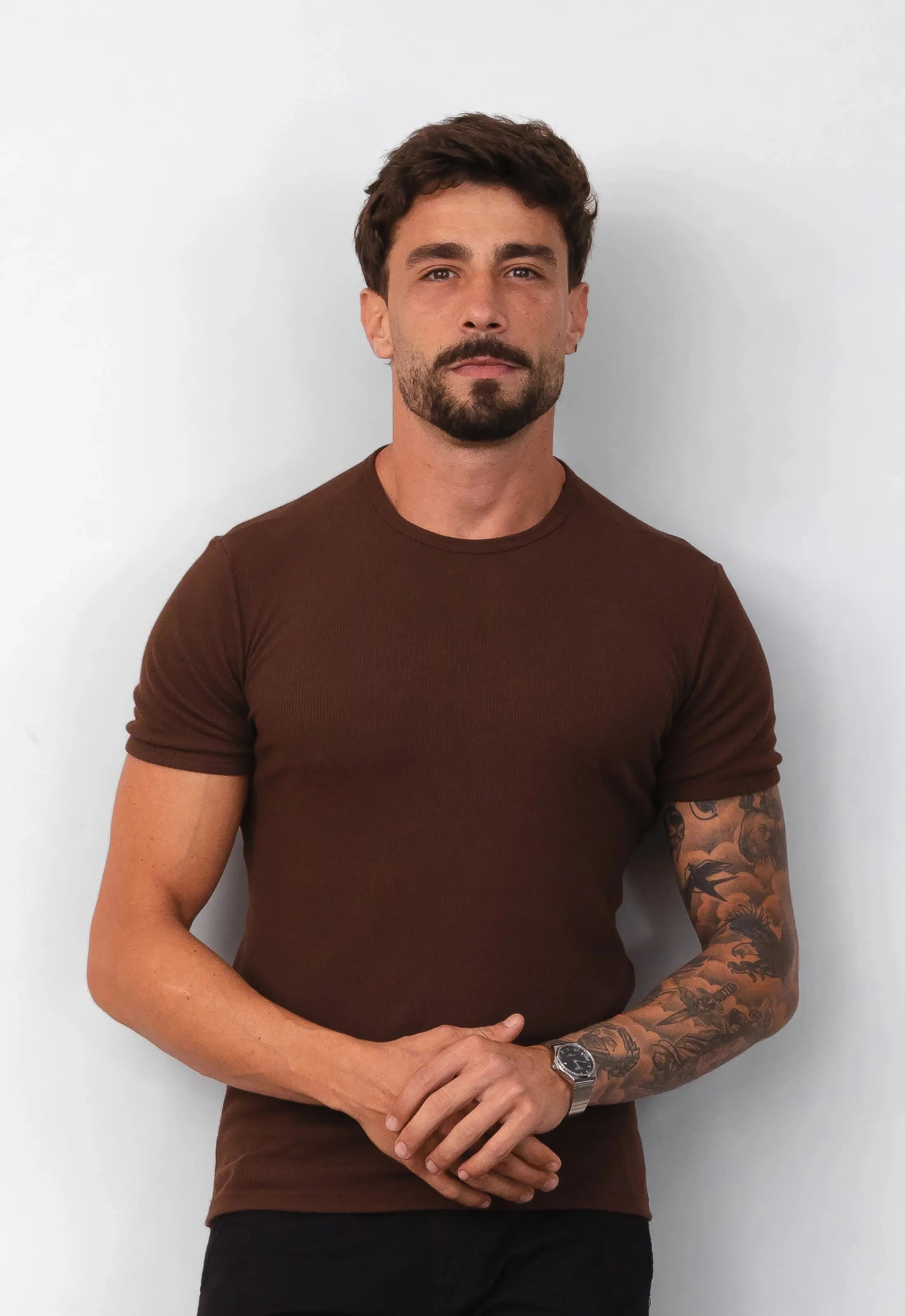 Camiseta Slim Canelada com Elastano Marrom CW STORE