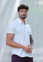 Camisa Masculina Manga Curta Flame Slim Bege CW STORE