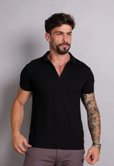 Camisa Polo Ziper Slim Preta - CW STORE