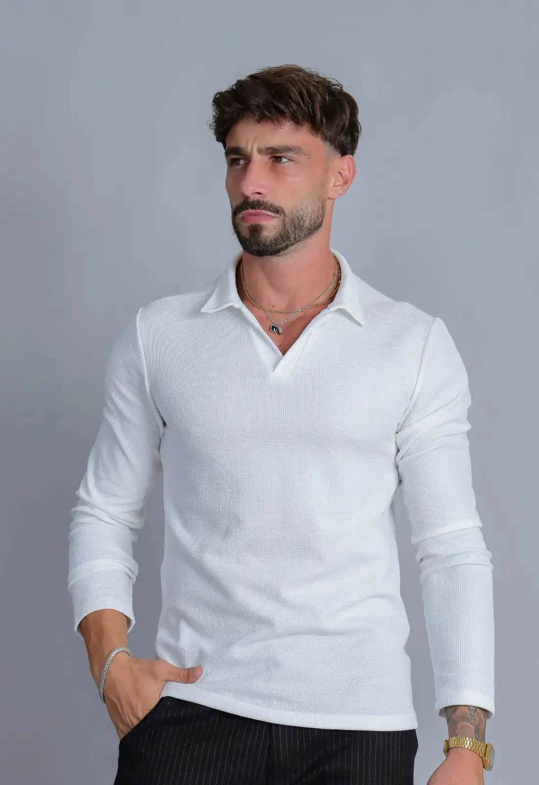Camisa Polo Italiana Tricot Manga Longa Masculina Branca | CW Store
