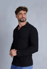Camisa Polo Italiana Tricot Manga Longa Masculina Preta – toque macio e textura sofisticada | CW Store