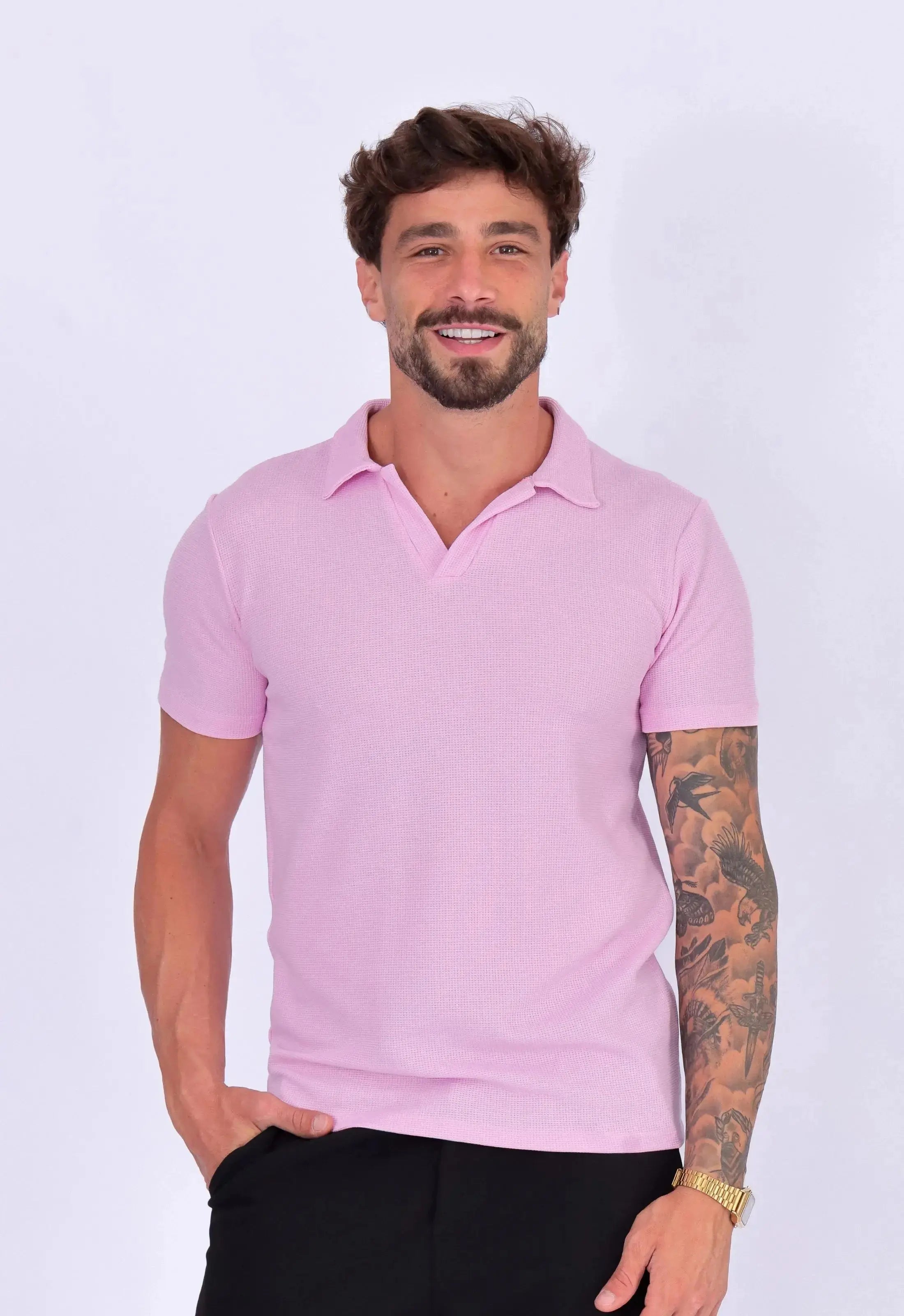Camisa Polo Italiana Tricot Masculina Rosa Claro | CW Store