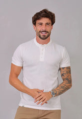 Camiseta Henley Slim Tricot com Elastano Masculina Branca | CW Store