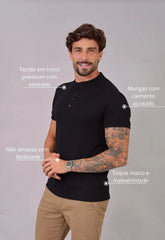 Camiseta Henley Slim Tricot com Elastano Masculina Preta – tricô premium com elastano | CW Store