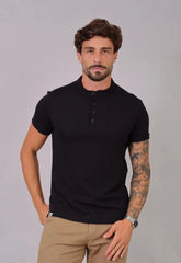 Camiseta Henley Slim Tricot com Elastano Masculina Preta | CW Store