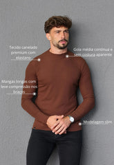 Camiseta Slim Manga Longa Gola Média Masculina Marrom – caimento slim que valoriza o corpo | CW Store