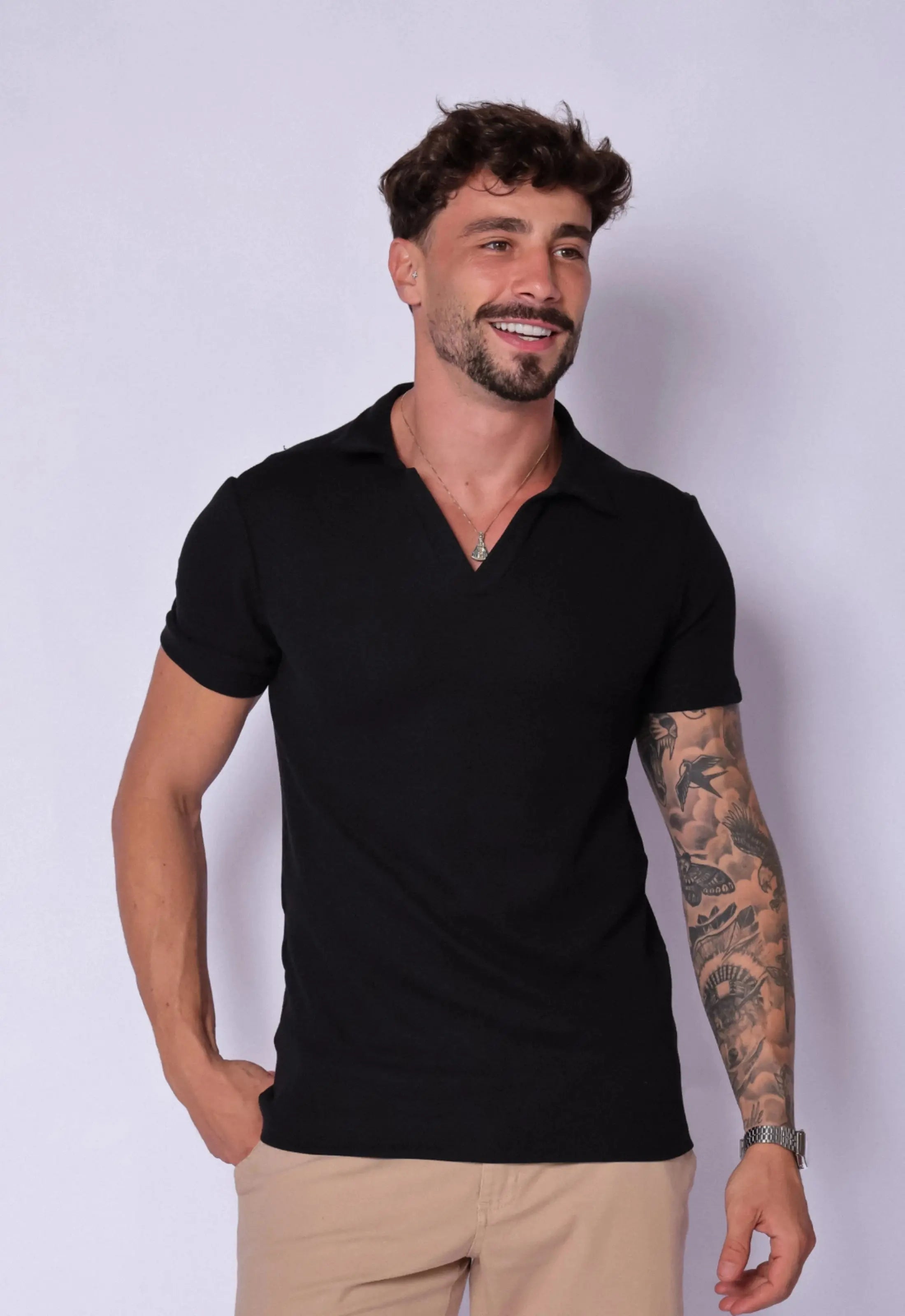 Camisa Polo Italiana Tricot Preta CW STORE