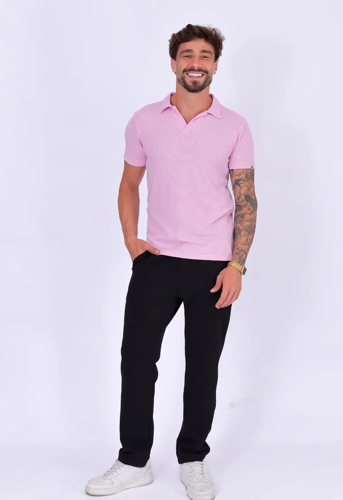 Camisa Polo Italiana Tricot Rosa Claro CW STORE