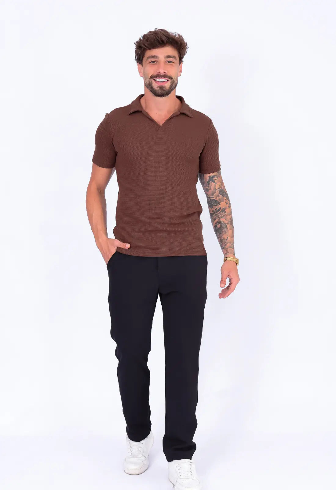 Camisa Polo Italiana Tricot Marrom Café CW STORE