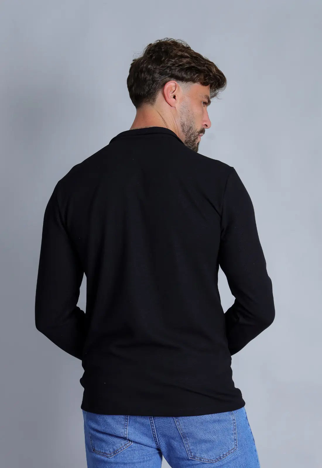 Camisa Polo Italiana Tricot Manga Longa Preta CW STORE