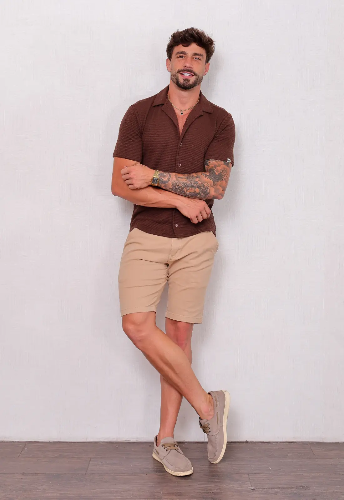 Camisa Masculina Texturizada Touch Marrom CW STORE