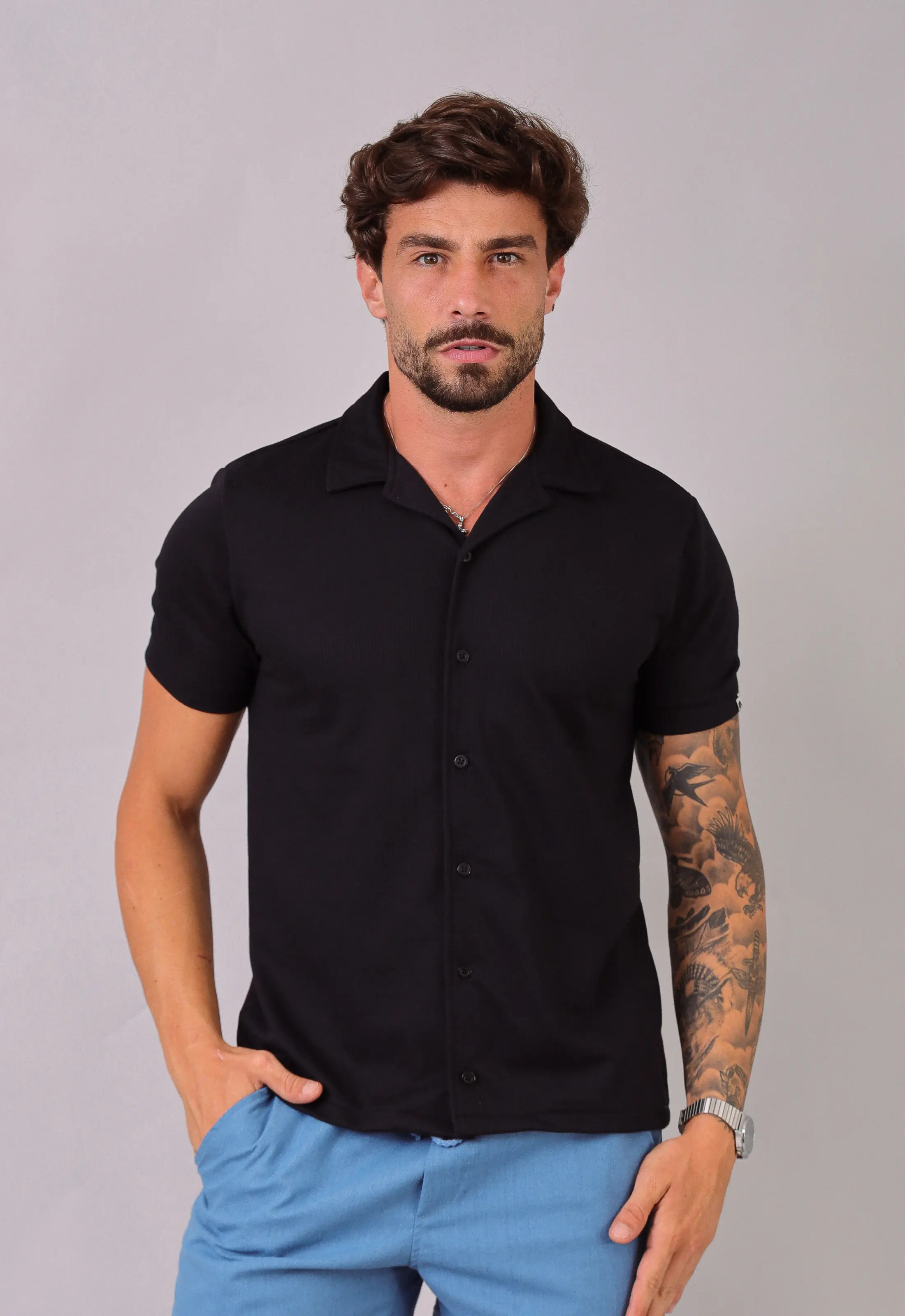Camisa Masculina Slim Canelada Preta CW STORE