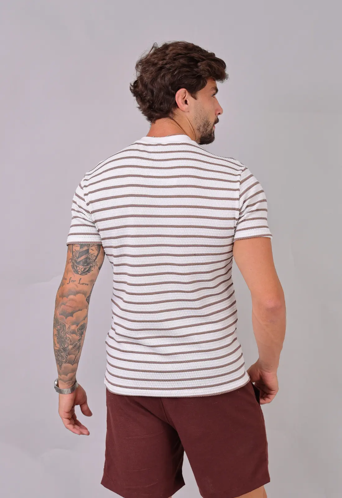 Camiseta Listrada Tricot Touch Marrom CW STORE