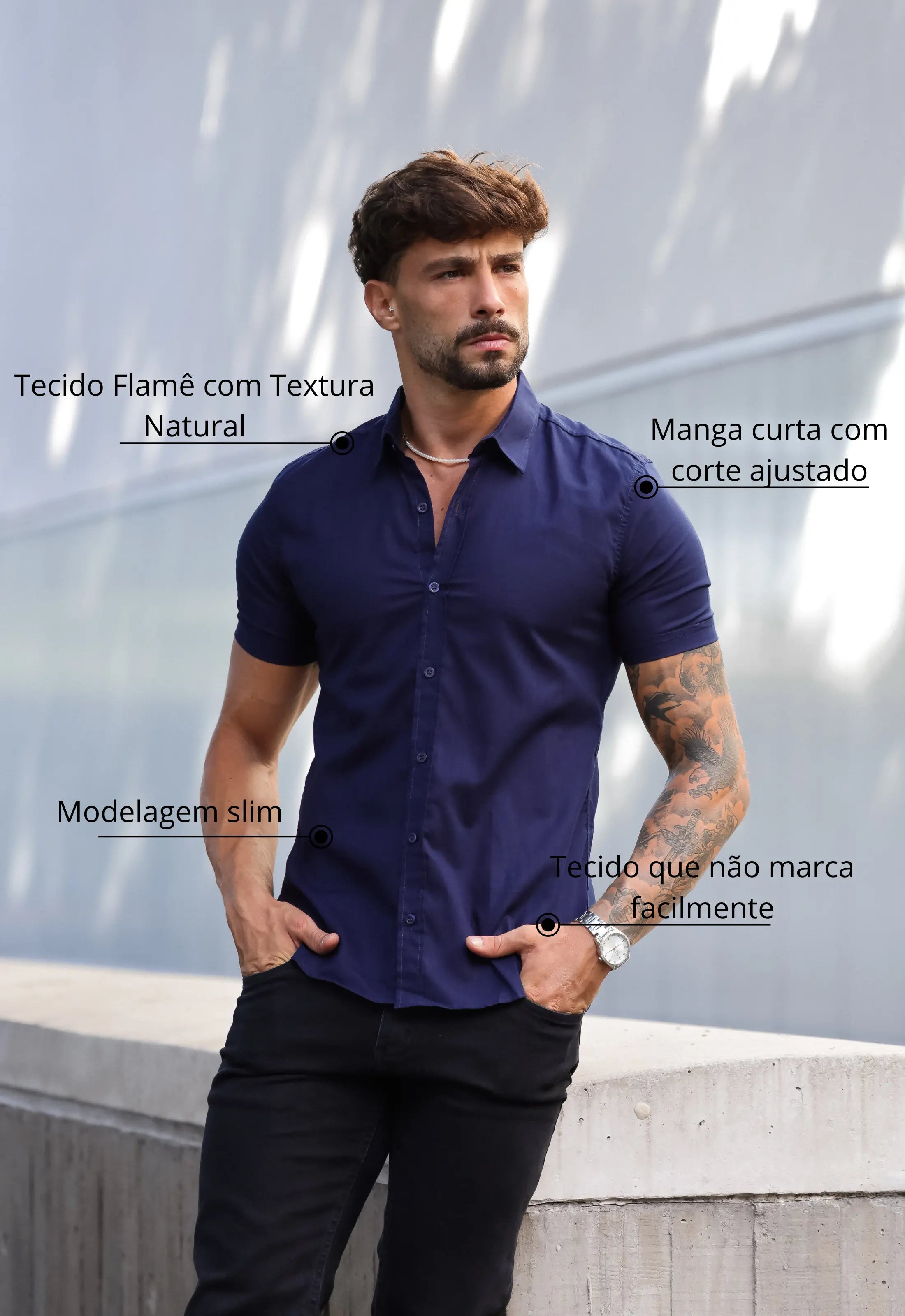 Camisa Masculina Manga Curta Flame Slim Azul CW STORE