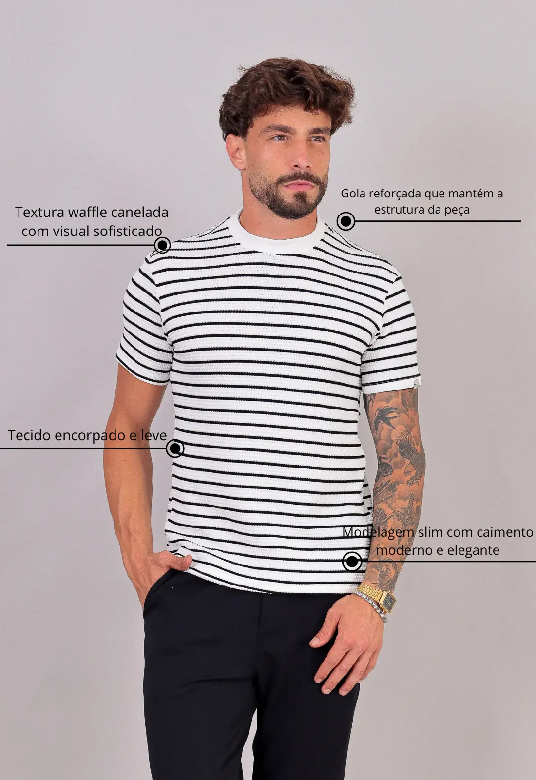 Camiseta Listrada Tricot Touch Preta CW STORE