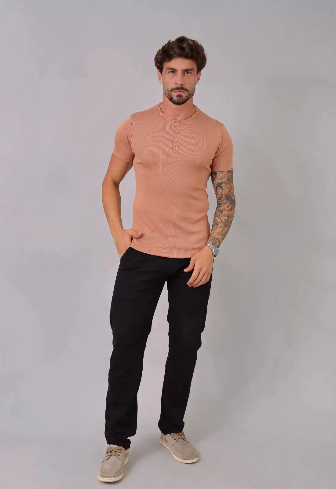 Camiseta Henley Canelada Bege CW STORE