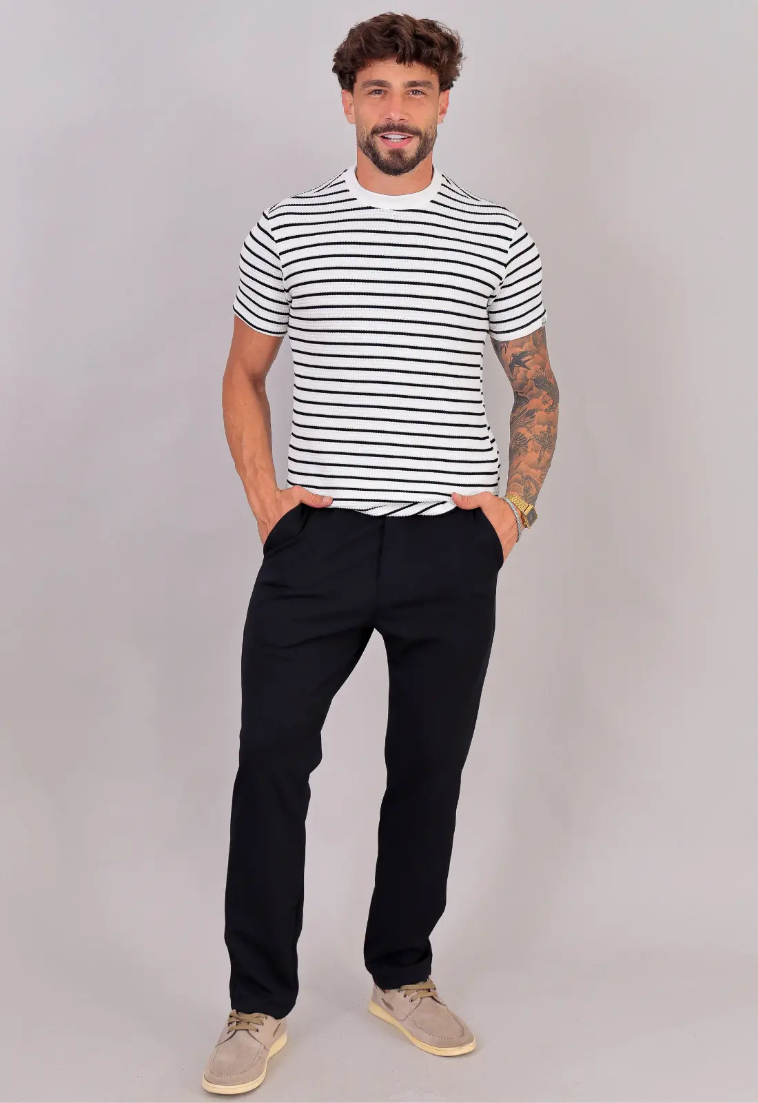 Camiseta Listrada Tricot Touch Preta CW STORE