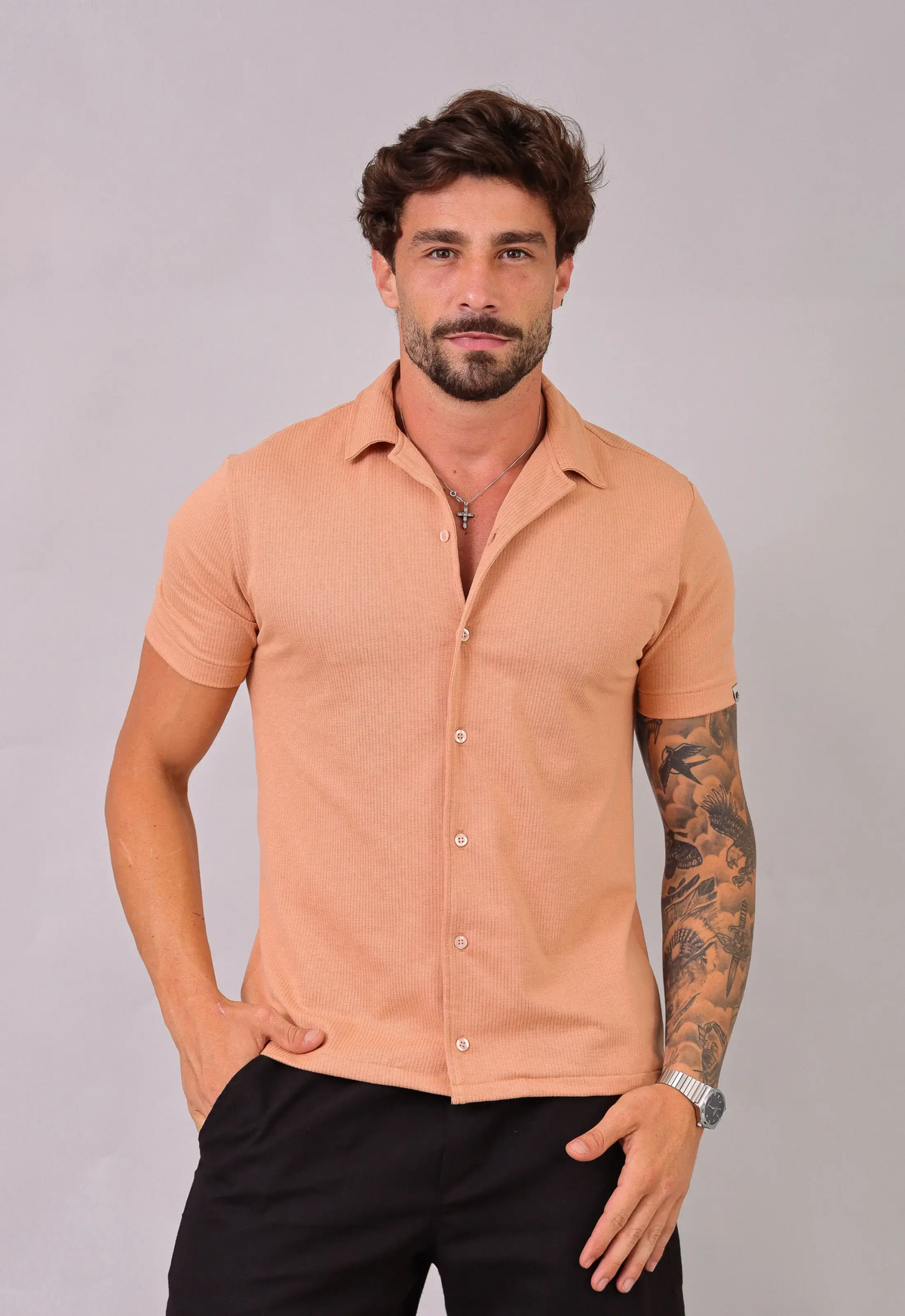 Camisa Masculina Slim Canelada Bege CW STORE
