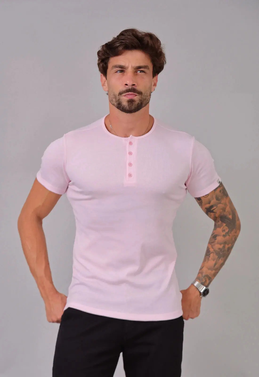 Camiseta Henley Canelada Rosa Claro CW STORE