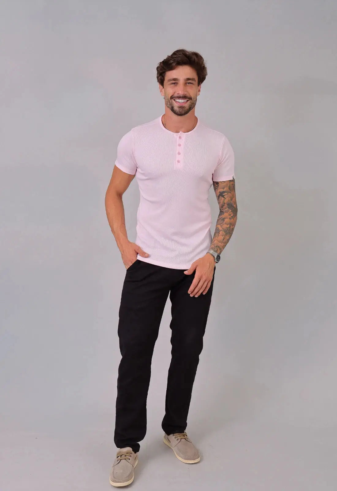 Camiseta Henley Canelada Rosa Claro CW STORE