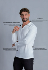 Camisa Polo Italiana Tricot Manga Longa Branca CW STORE