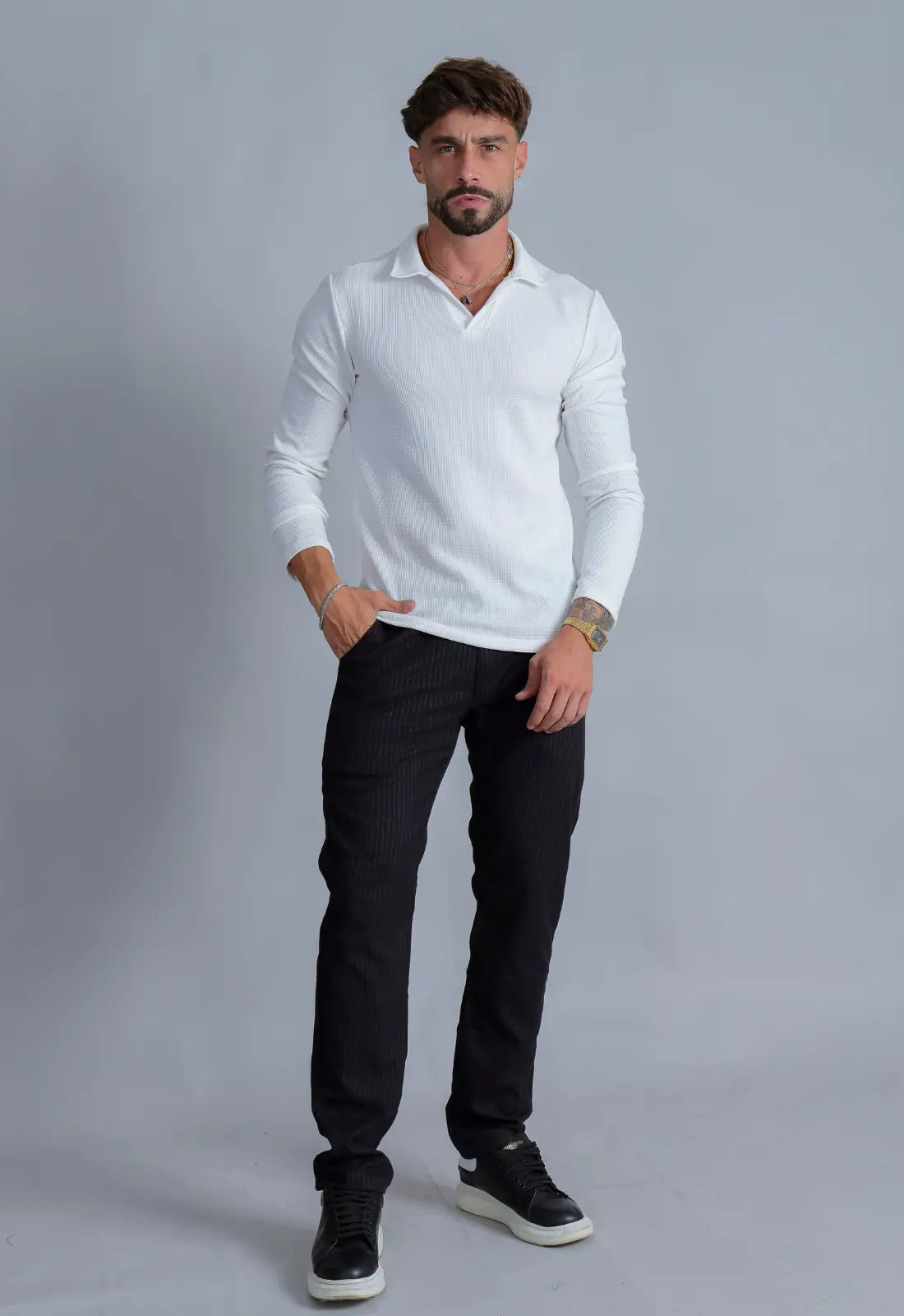 Camisa Polo Italiana Tricot Manga Longa Branca CW STORE