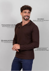 Camisa Polo Italiana Tricot Manga Longa Marrom CW STORE