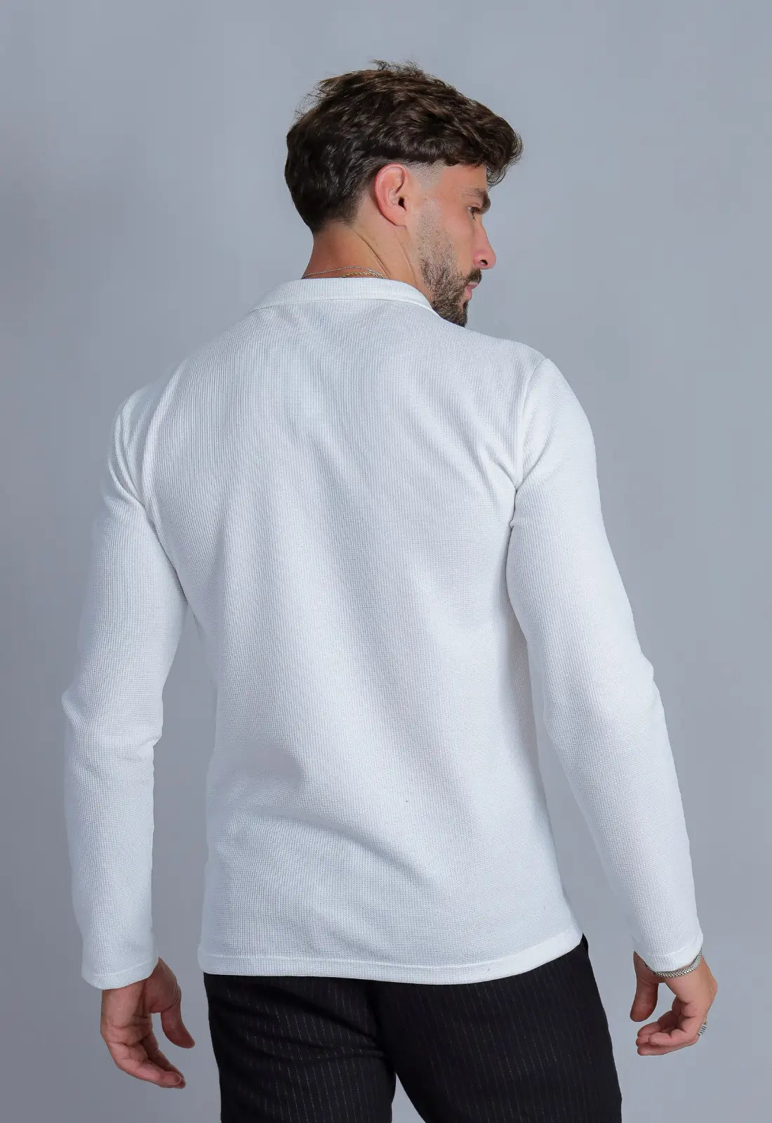 Camisa Polo Italiana Tricot Manga Longa Branca CW STORE